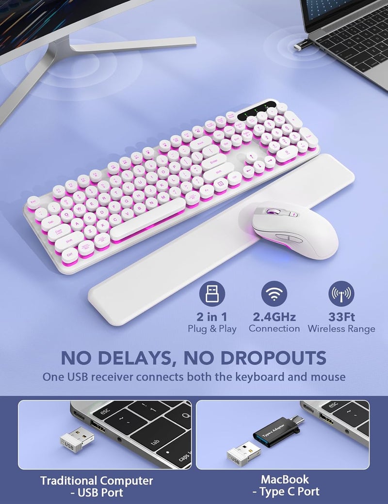 Trueque Wireless Keyboard and Mouse Backlit - Typewriter Keyboard with Retro Round Keycaps, Detachable Wrist Rest, Light Up Letters, 2.4G Rechargeable Combo for Mac, Windows, PC, Laptop, (White) - Image 5